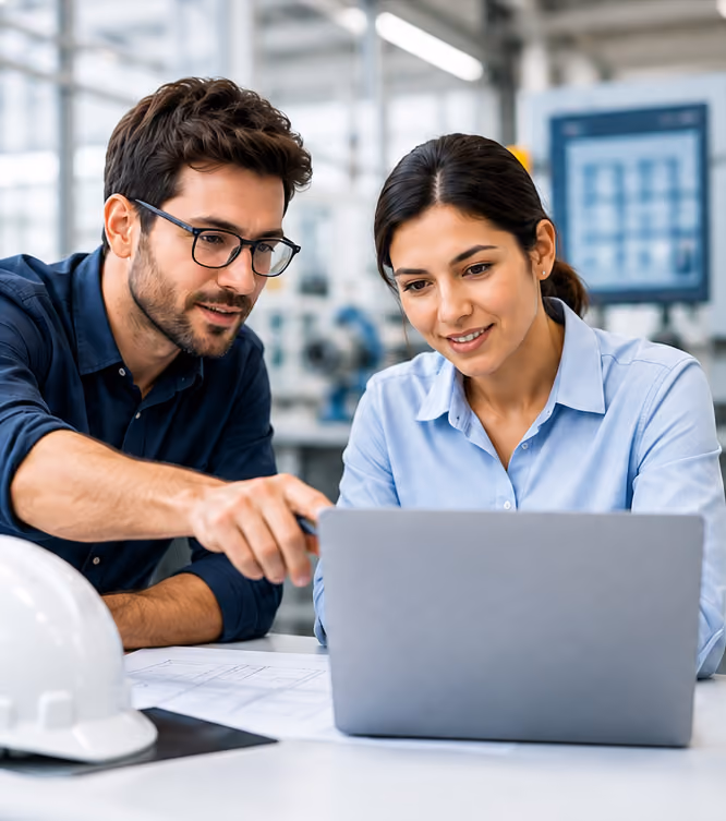 Zwei Ingenieure schauen gemeinsam auf einen Laptop am Arbeitsplatz – Deutsch Sprachtraining für Engineering und Technik