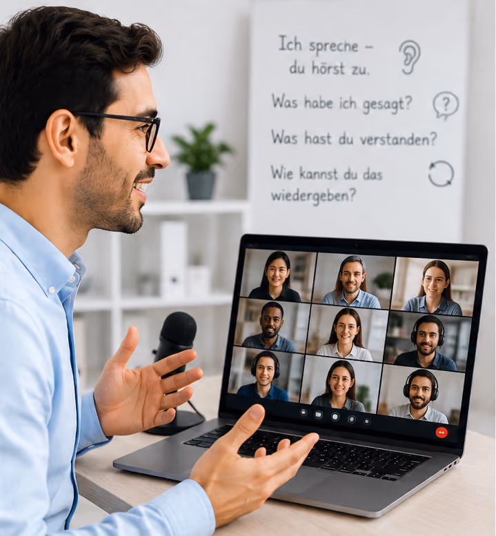 Sprachlehrer leitet einen Online-Kommunikationskurs auf Deutsch via Zoom mit Lernenden