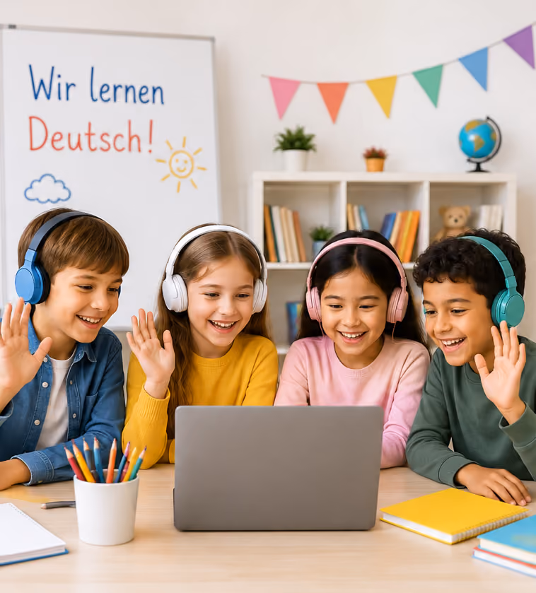 Glückliche Kinder mit Kopfhörern lernen gemeinsam online Deutsch am Laptop